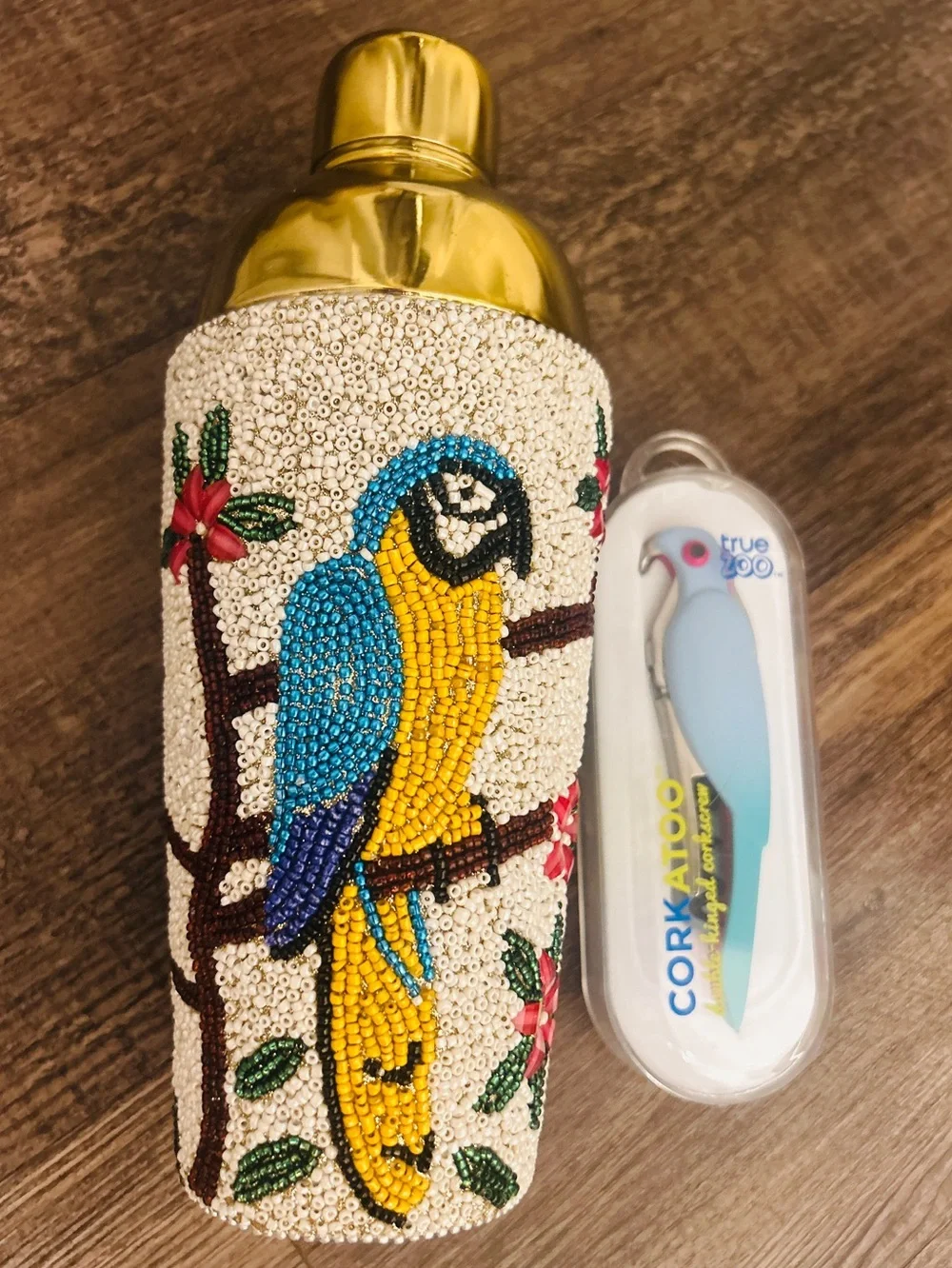 Beaded Parrot Cocktail Shaker Gold & Multicolor Bar Shaker & Corkatoo Opener - Picture 2 of 6